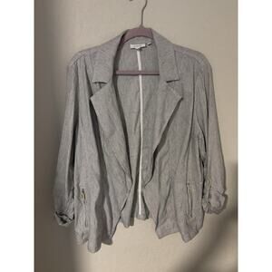 Chico's Linen Blend Blue White Pinstripe Open Front Roll-Tab Sleeve Jacket 3